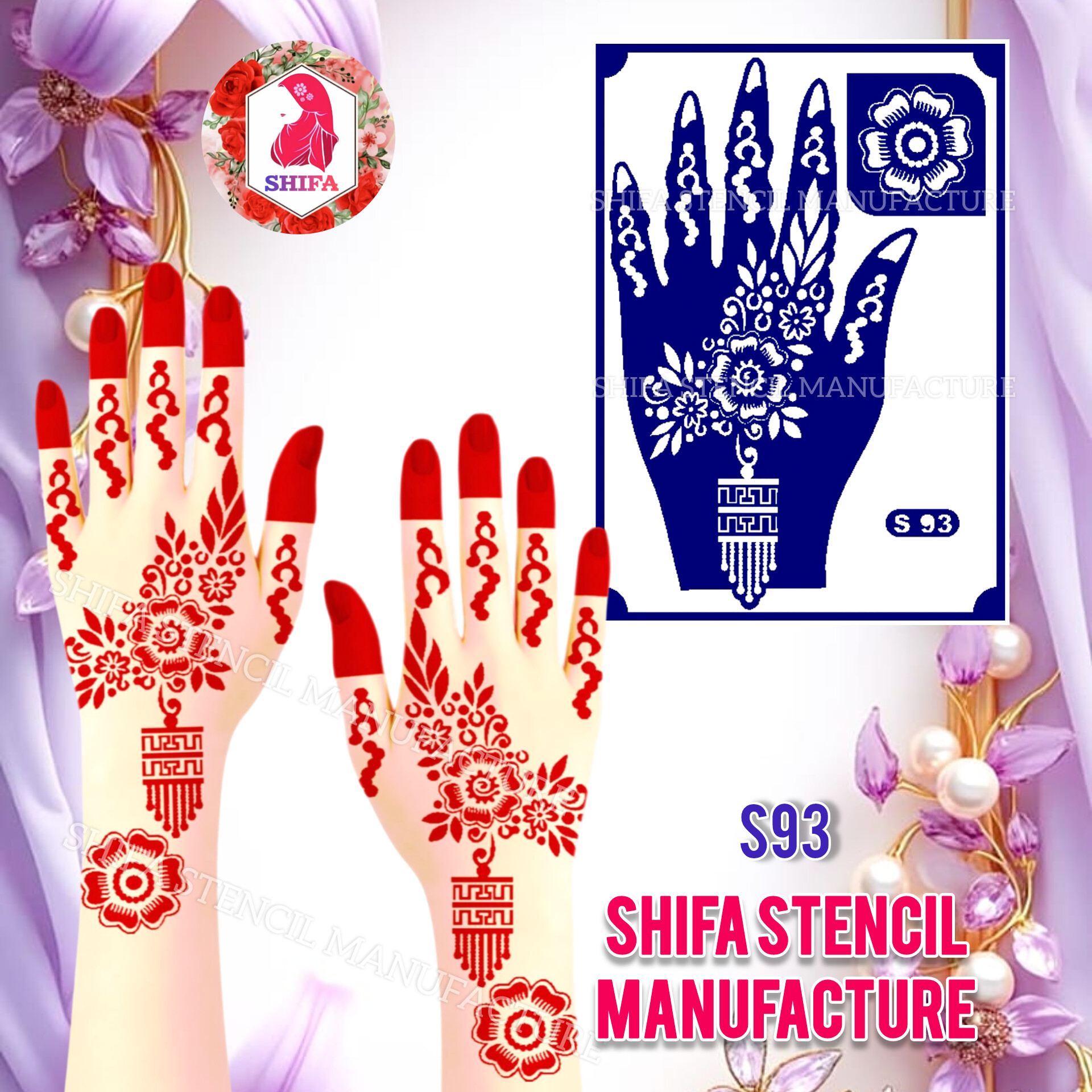 S93 Floral Charm with Hanging Pendant Design Sticker Overview  Henna Stencil - Shifa Stencil